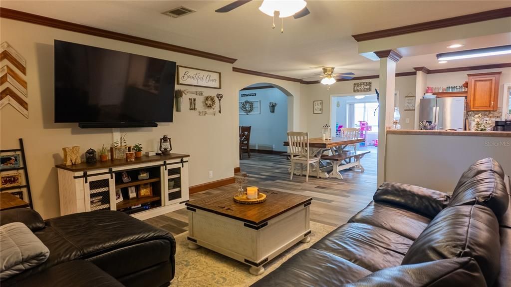 Dining room, Interior, Kitchen, Living room, Recessed Lighting, Wood Texture Flooring