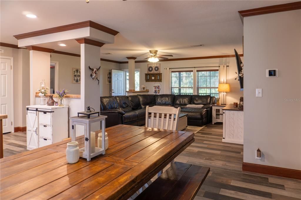 Dining room, Interior, Living room, Recessed Lighting, Wood Texture Flooring