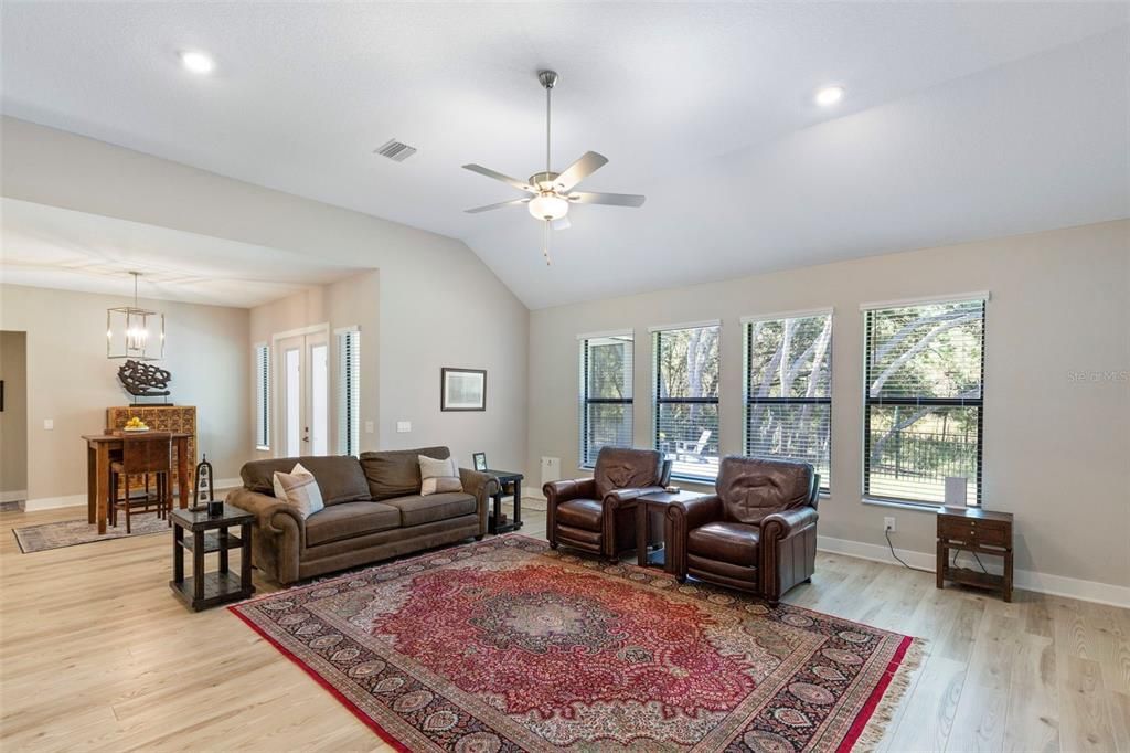 Dining room, Interior, Living room, Pendant Lights, Recessed Lighting, Wood Texture Flooring