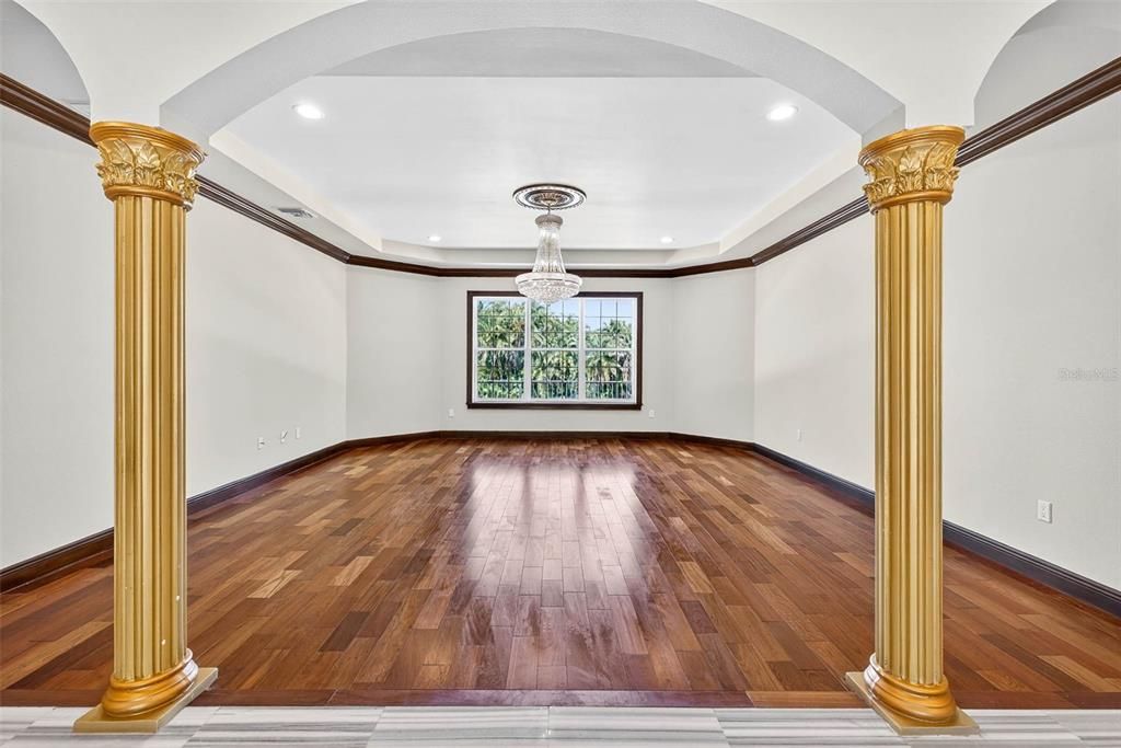 Chandelier, Empty room, Interior, Recessed Lighting, Wood Texture Flooring