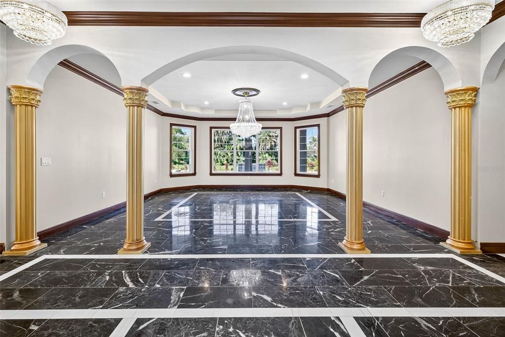 Chandelier, Empty room, Interior, Marble, Recessed Lighting