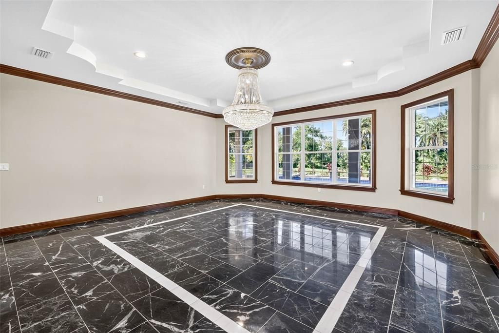 Chandelier, Empty room, Interior, Marble, Recessed Lighting