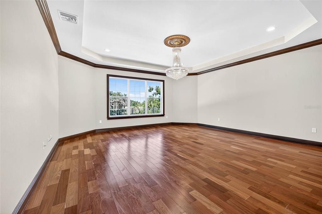 Chandelier, Empty room, Interior, Recessed Lighting, Wood Texture Flooring