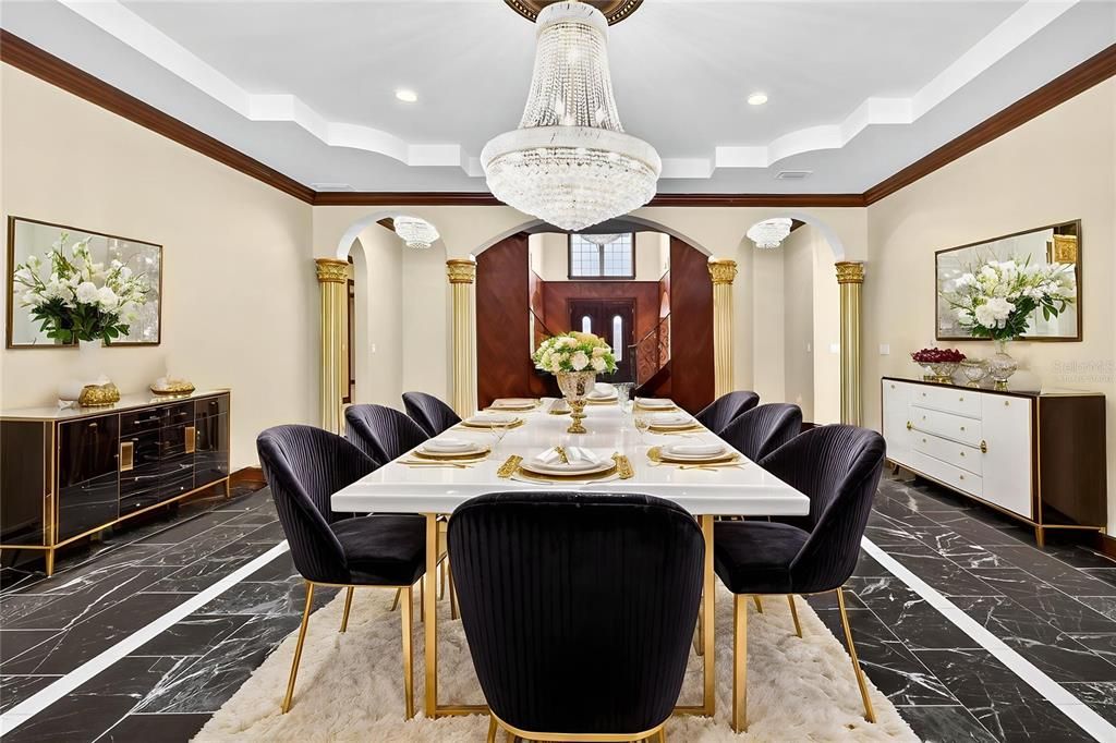 Chandelier, Dining room, Interior, Marble, Recessed Lighting