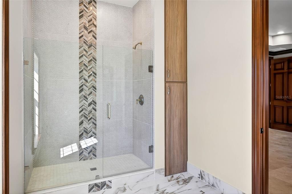Bathroom, Glass Shower, Interior, Marble, Recessed Lighting