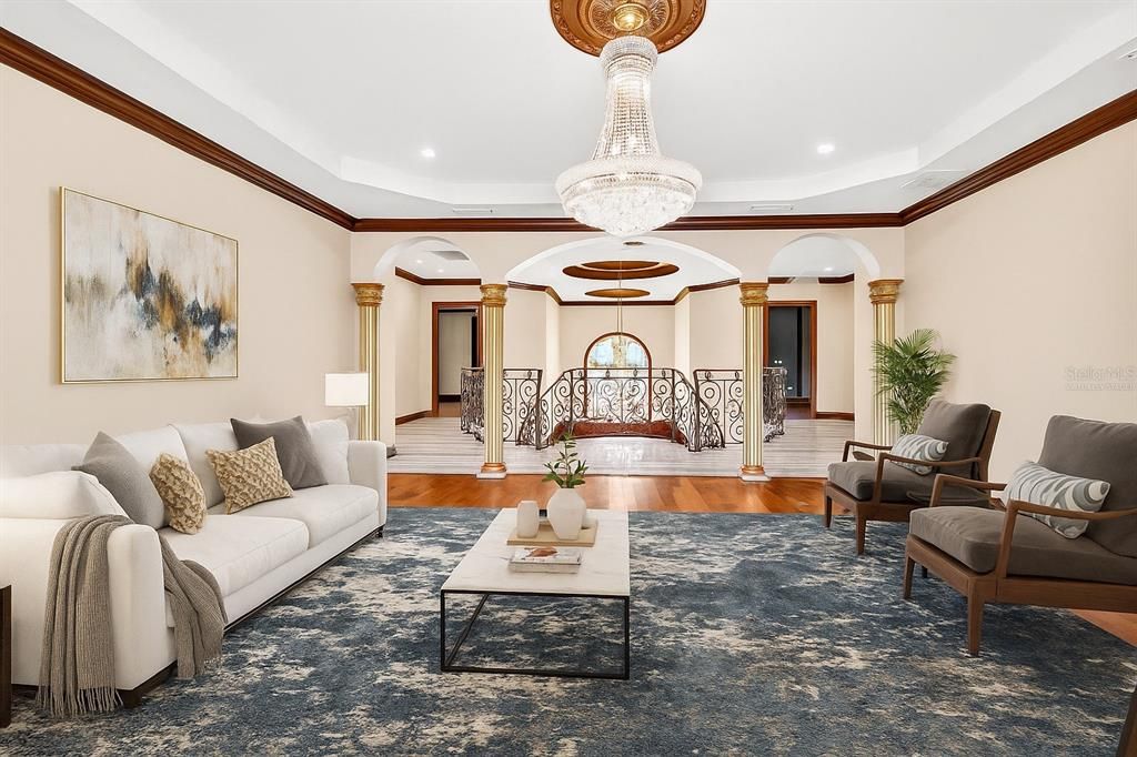 Chandelier, Interior, Living room, Recessed Lighting, Wood Texture Flooring