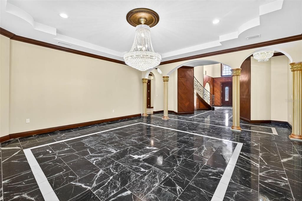 Chandelier, Empty room, Interior, Marble, Recessed Lighting