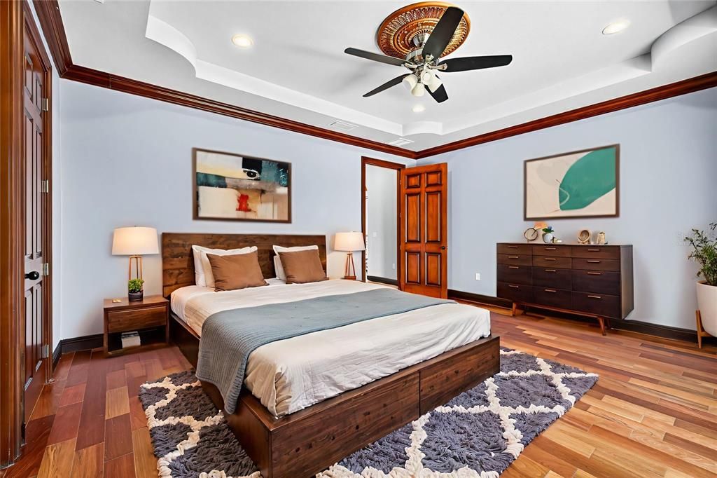 Bedroom, Interior, Recessed Lighting, Wood Texture Flooring