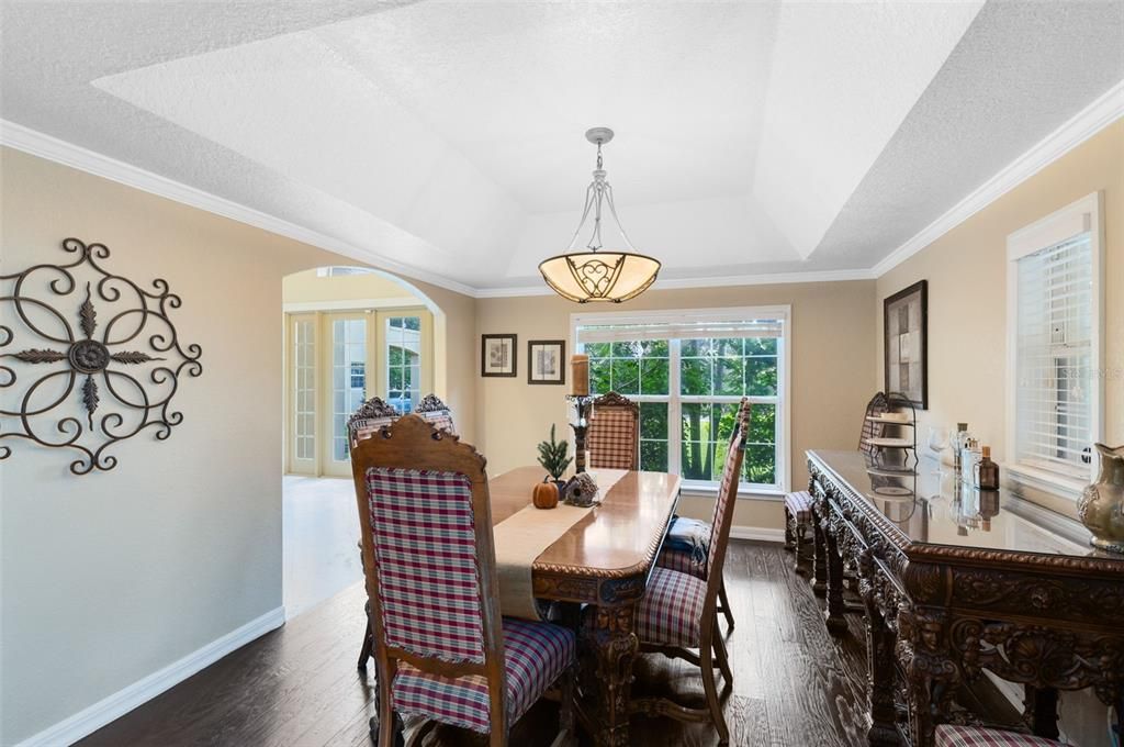 Dining room, Interior, Pendant Lights, Wood Texture Flooring