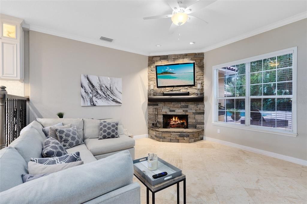 Fireplace, Interior, Living room, Recessed Lighting, Stone Walls