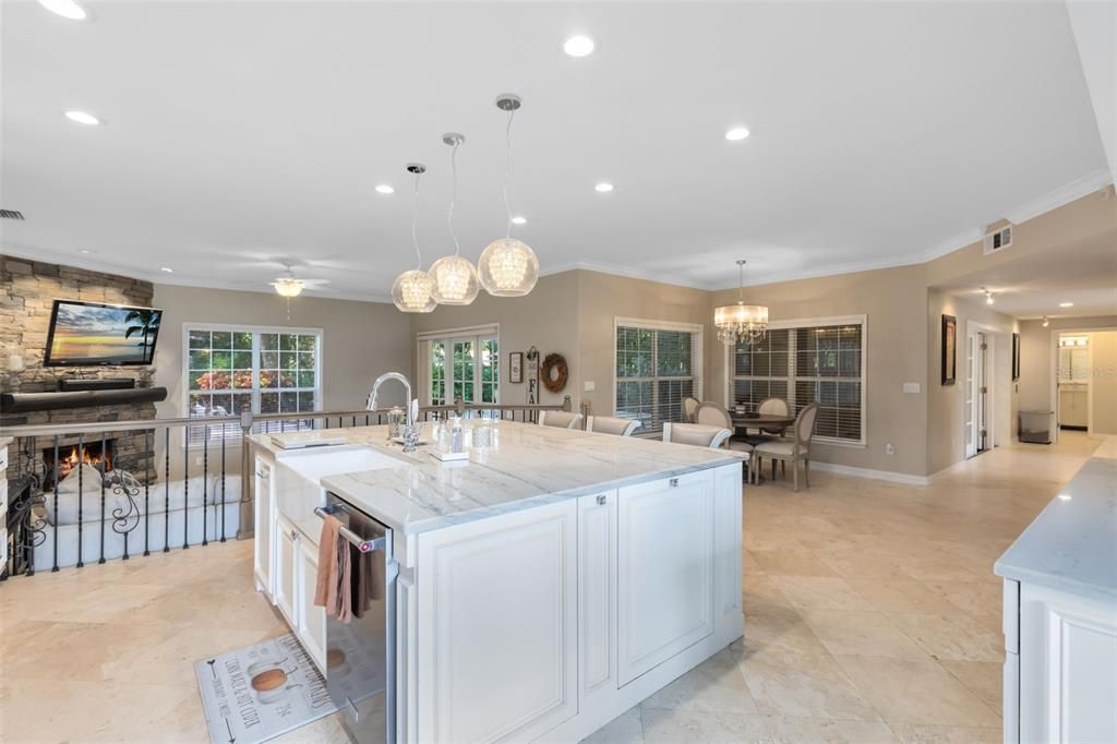 Chandelier, Dining room, Fireplace, Interior, Kitchen, Living room, Pendant Lights, Recessed Lighting