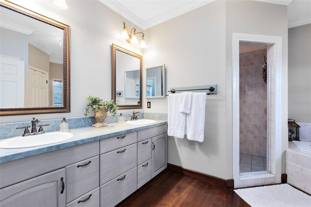 Bathroom, Dual Sink Vanities, Interior, Wood Texture Flooring