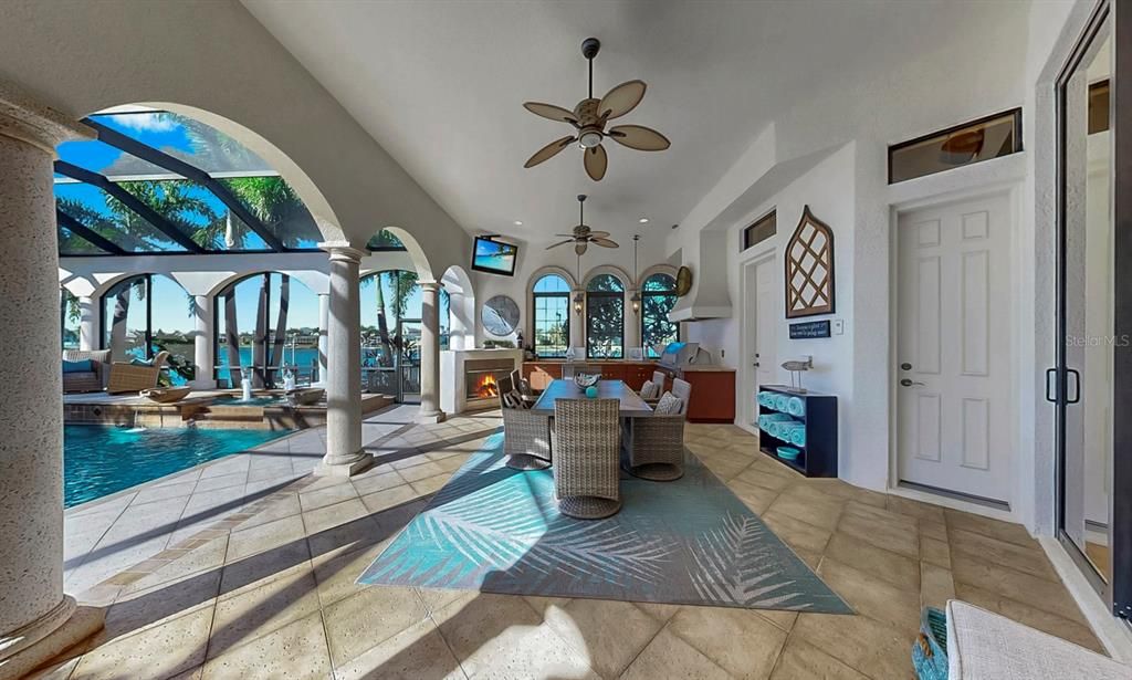 Fireplace, Interior, Living room, Pool, Recessed Lighting, Water