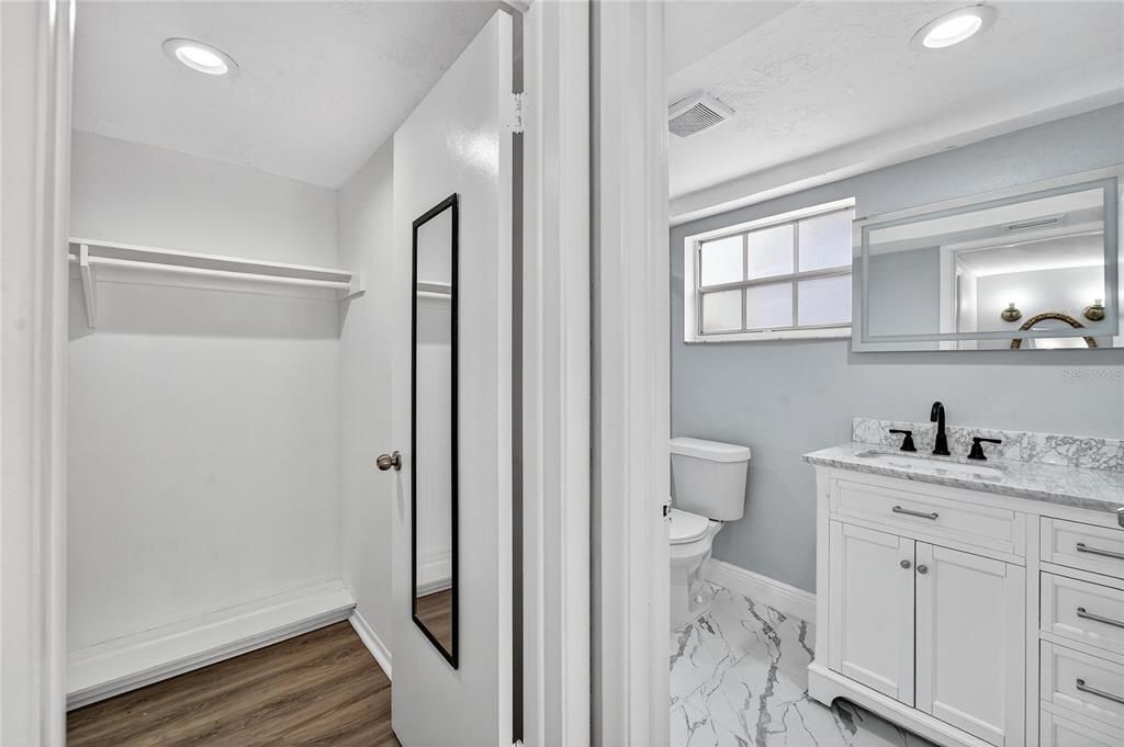 Bathroom, Interior, Marble, Recessed Lighting, Wood Texture Flooring