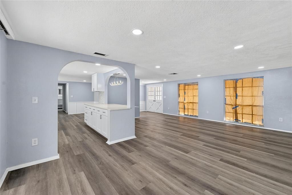 Empty room, Interior, Kitchen, Recessed Lighting, Wood Texture Flooring