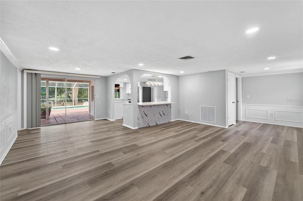 Empty room, Interior, Kitchen, Recessed Lighting, Wood Texture Flooring