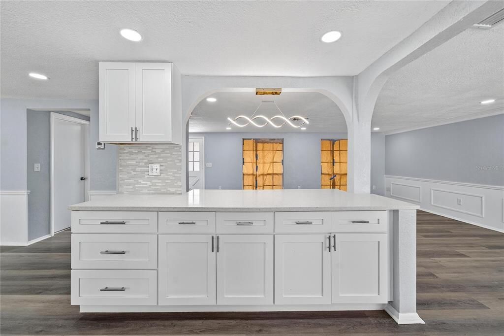 Interior, Kitchen, Pendant Lights, Recessed Lighting, Wood Texture Flooring