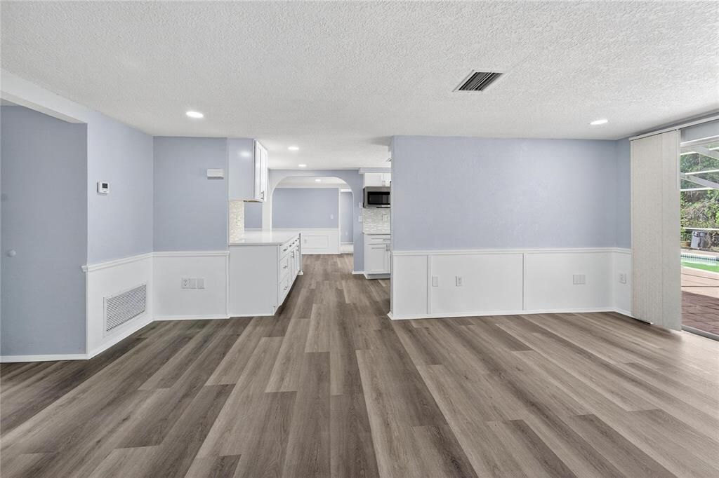 Empty room, Interior, Kitchen, Recessed Lighting, Wood Texture Flooring