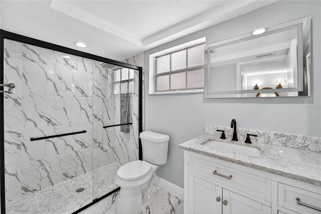 Bathroom, Glass Shower, Interior, Marble, Marble Walls, Recessed Lighting