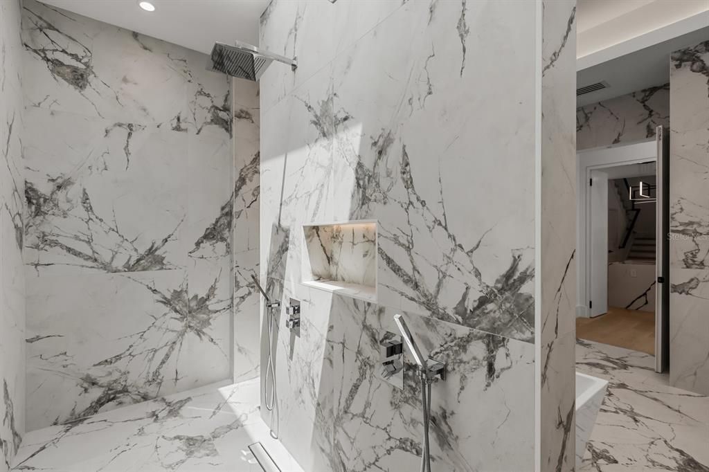 Bathroom, Interior, Marble, Marble Walls, Recessed Lighting