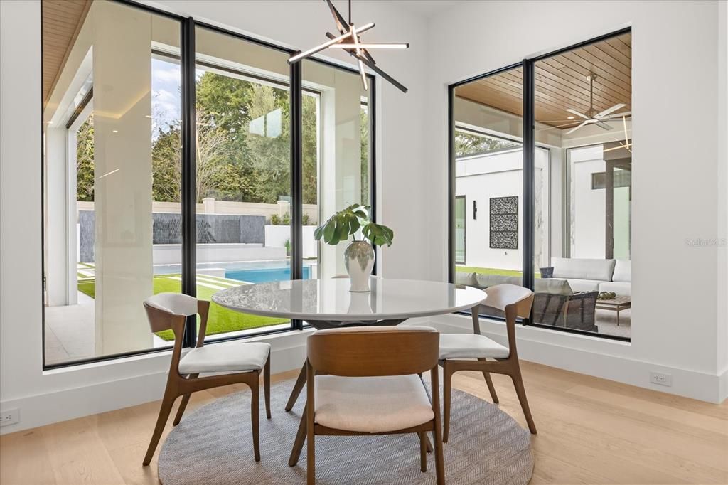 Dining room, Interior, Pendant Lights, Wood Texture Flooring