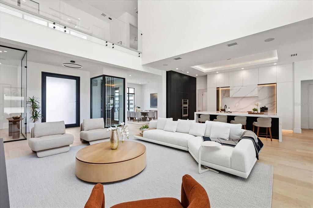 Interior, Kitchen, Living room, Marble Walls, Recessed Lighting, Wood Texture Flooring