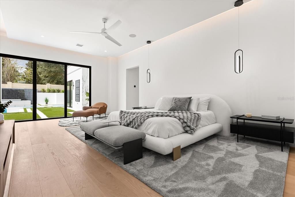 Bedroom, Interior, Pendant Lights, Recessed Lighting, Wood Texture Flooring