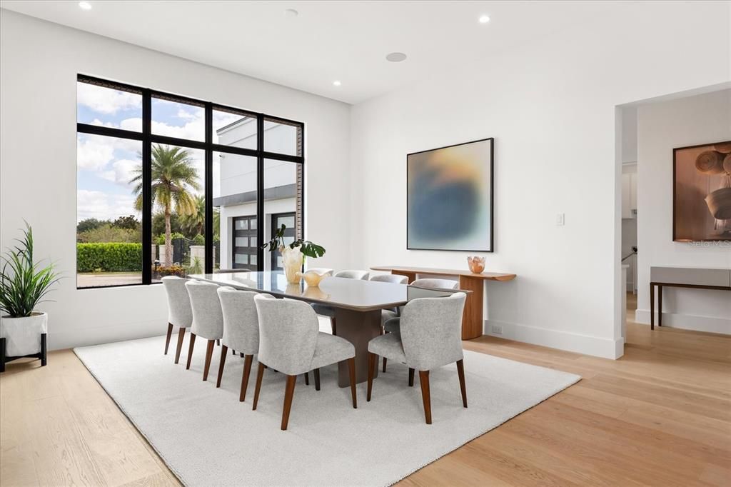 Dining room, Interior, Recessed Lighting, Wood Texture Flooring