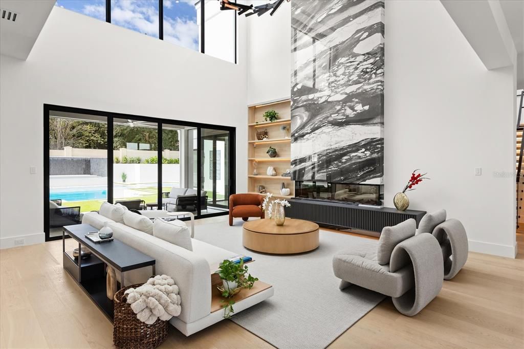 Fireplace, Interior, Living room, Marble Walls, Wood Texture Flooring