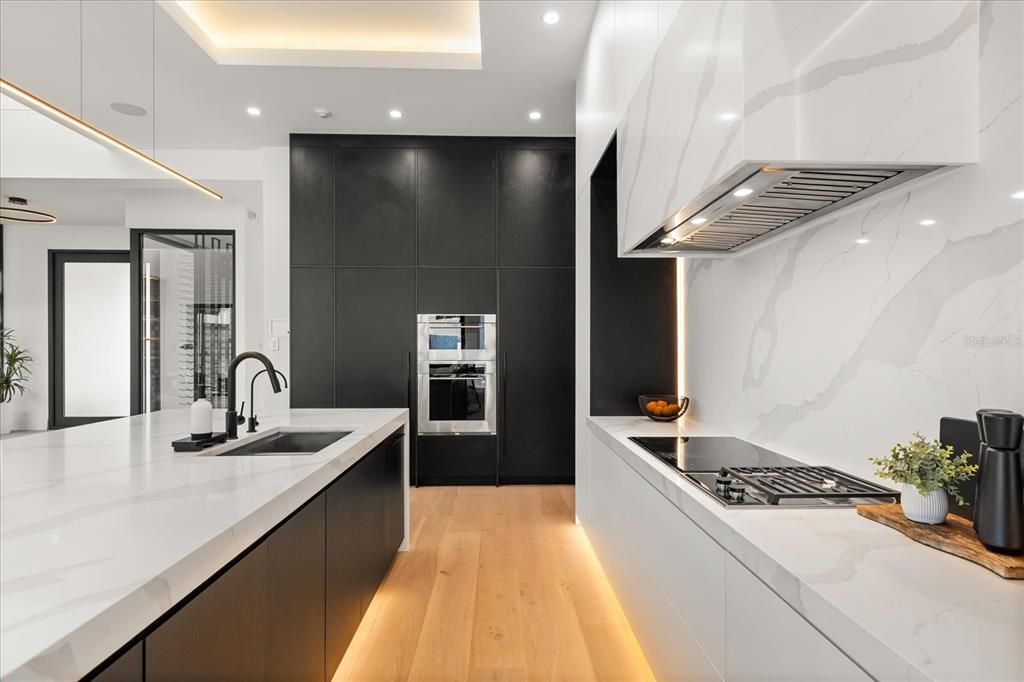Interior, Kitchen, Marble Walls, Recessed Lighting, Stainless Steel Appliances, Wood Texture Flooring