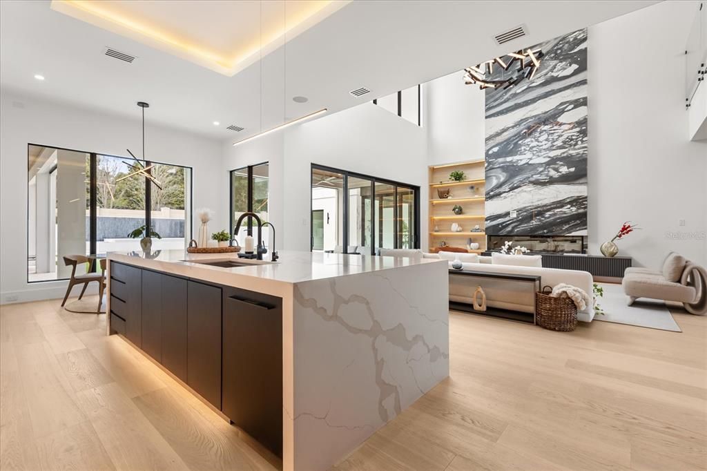 Interior, Kitchen, Living room, Pendant Lights, Recessed Lighting, Wood Texture Flooring