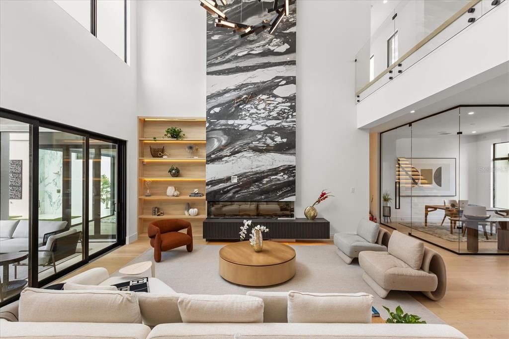 Dining room, Fireplace, Interior, Living room, Marble Walls, Wood Texture Flooring