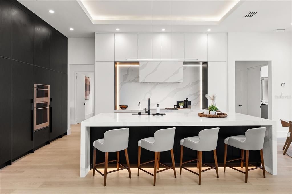 Interior, Kitchen, Marble Walls, Recessed Lighting, Stainless Steel Appliances, Wood Texture Flooring