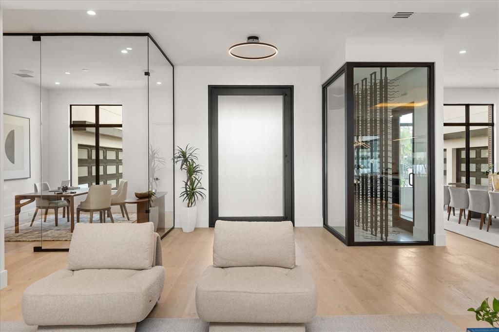 Dining room, Interior, Recessed Lighting, Wine Storage, Wood Texture Flooring