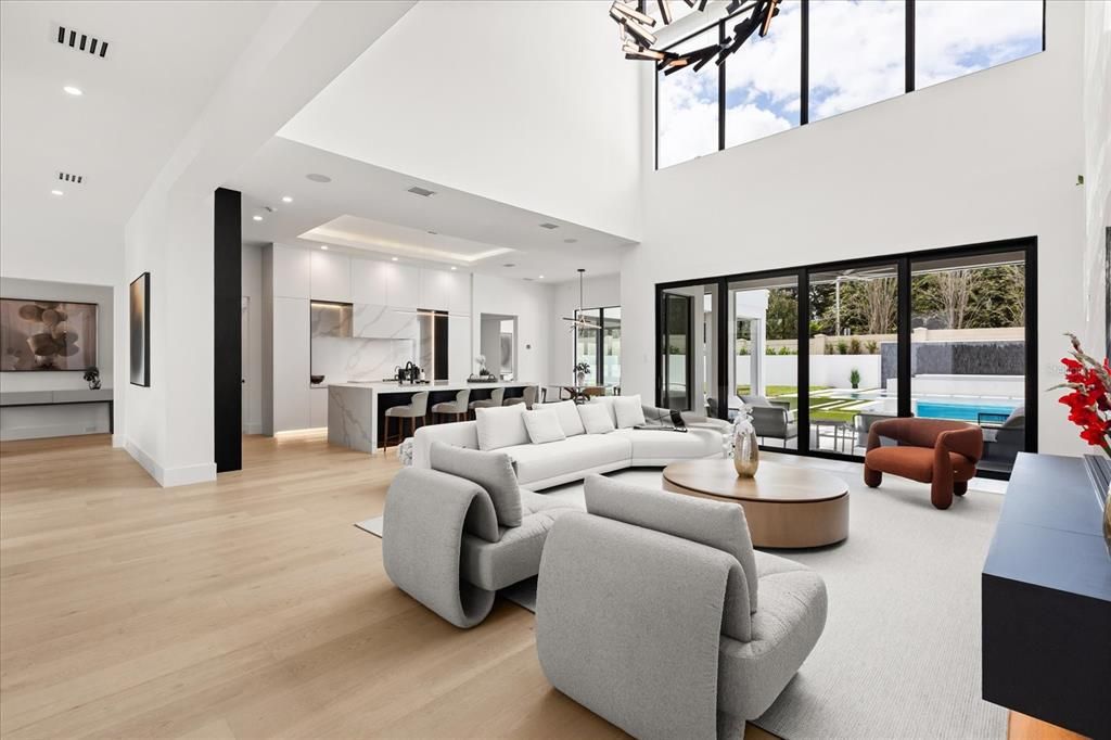 Interior, Kitchen, Living room, Marble Walls, Pendant Lights, Recessed Lighting, Wood Texture Flooring