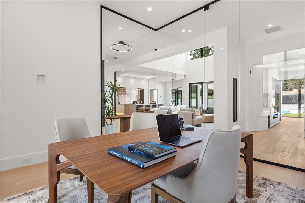 Dining room, Interior, Living room, Pendant Lights, Recessed Lighting, Wood Texture Flooring