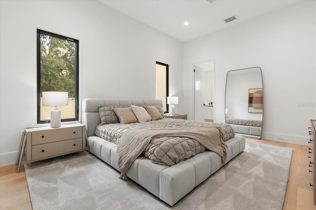 Bedroom, Interior, Recessed Lighting, Wood Texture Flooring