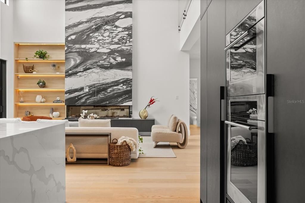 Fireplace, Interior, Living room, Marble Walls, Wood Texture Flooring