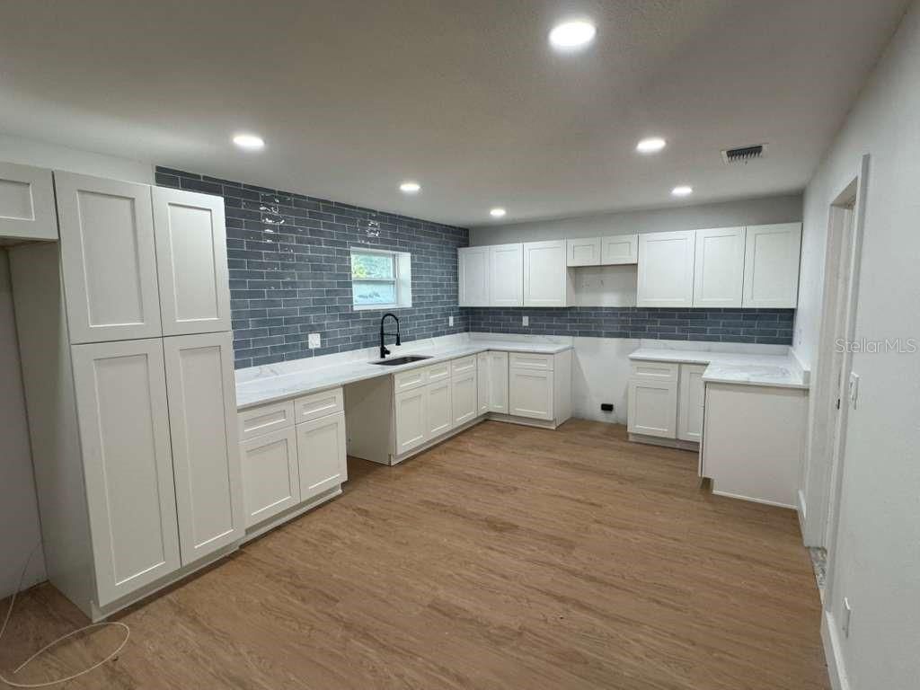 Interior, Kitchen, Recessed Lighting, Stone Walls, Wood Texture Flooring