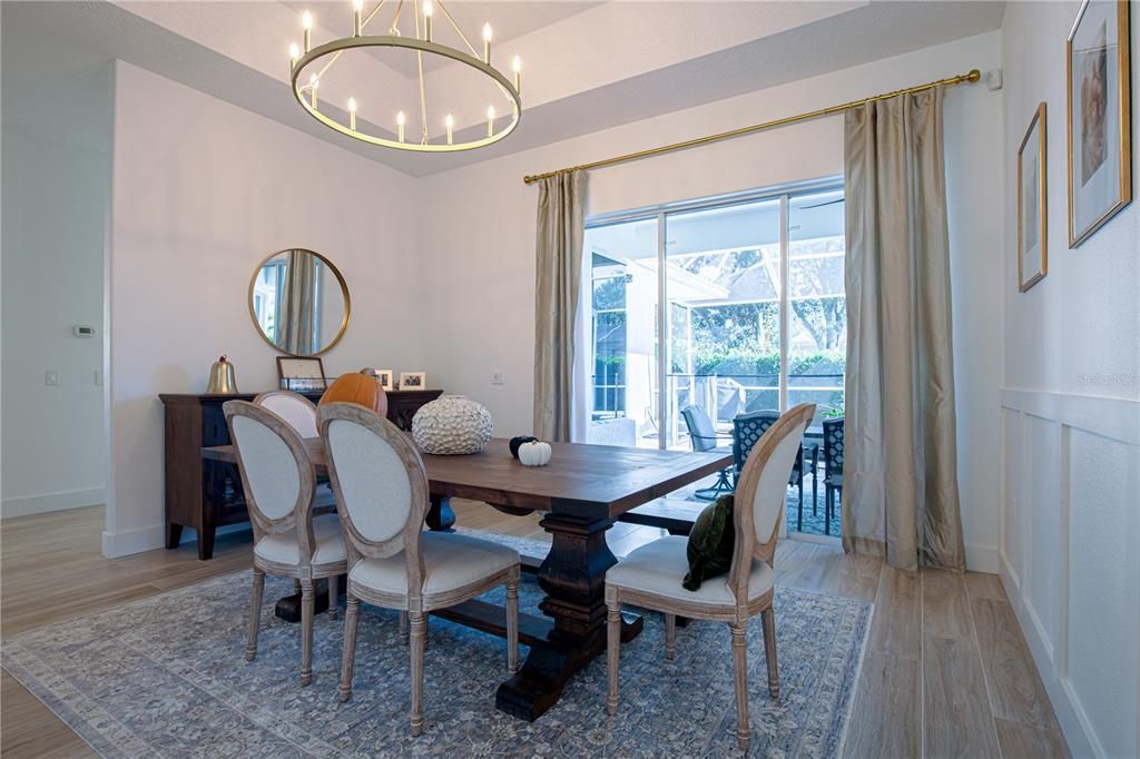 Chandelier, Dining room, Interior, Pendant Lights, Wood Texture Flooring
