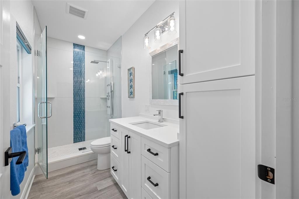 Bathroom, Glass Shower, Interior, Recessed Lighting, Wood Texture Flooring