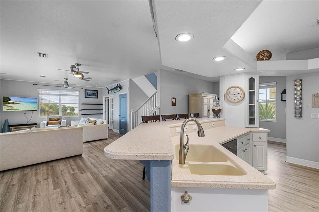 Interior, Kitchen, Living room, Recessed Lighting, Wood Texture Flooring