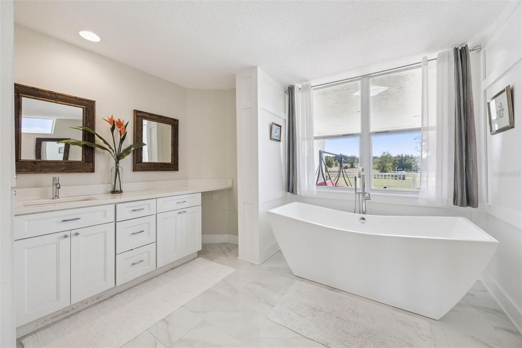 Bathroom, Dual Sink Vanities, Free Standing Baths, Interior, Marble, Recessed Lighting