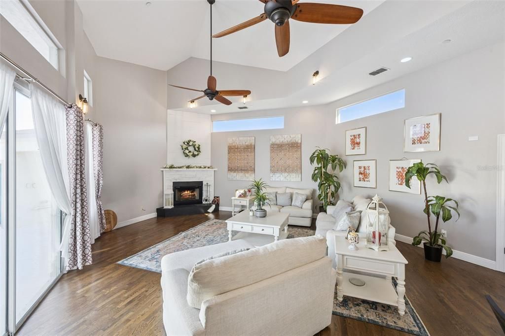 Fireplace, Interior, Living room, Recessed Lighting, Wood Texture Flooring