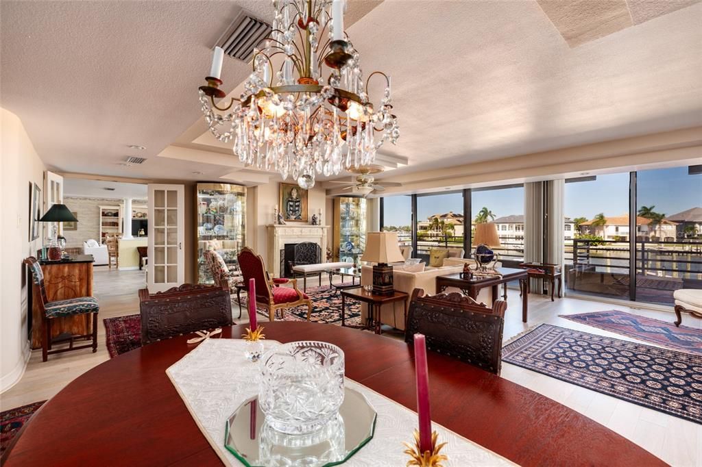 Chandelier, Dining room, Fireplace, Interior, Living room, Wood Texture Flooring