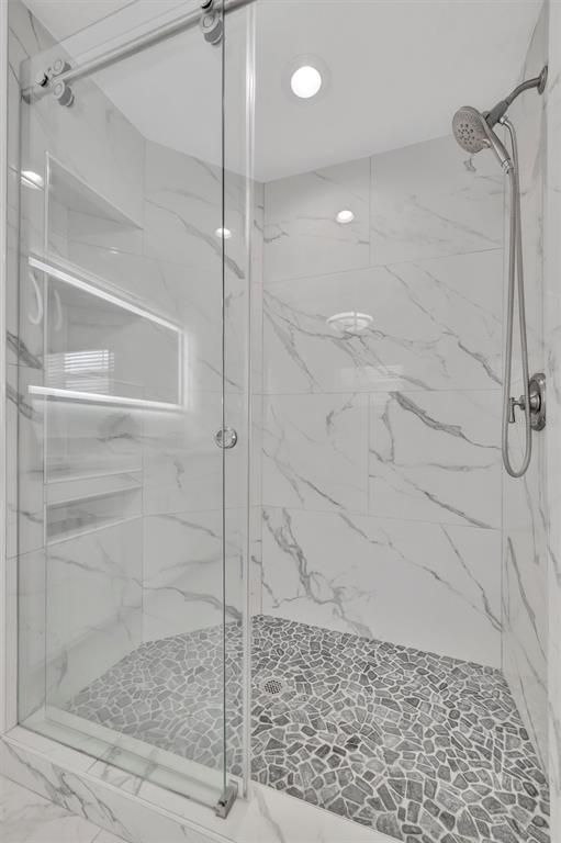 Bathroom, Glass Shower, Interior, Marble Walls, Recessed Lighting