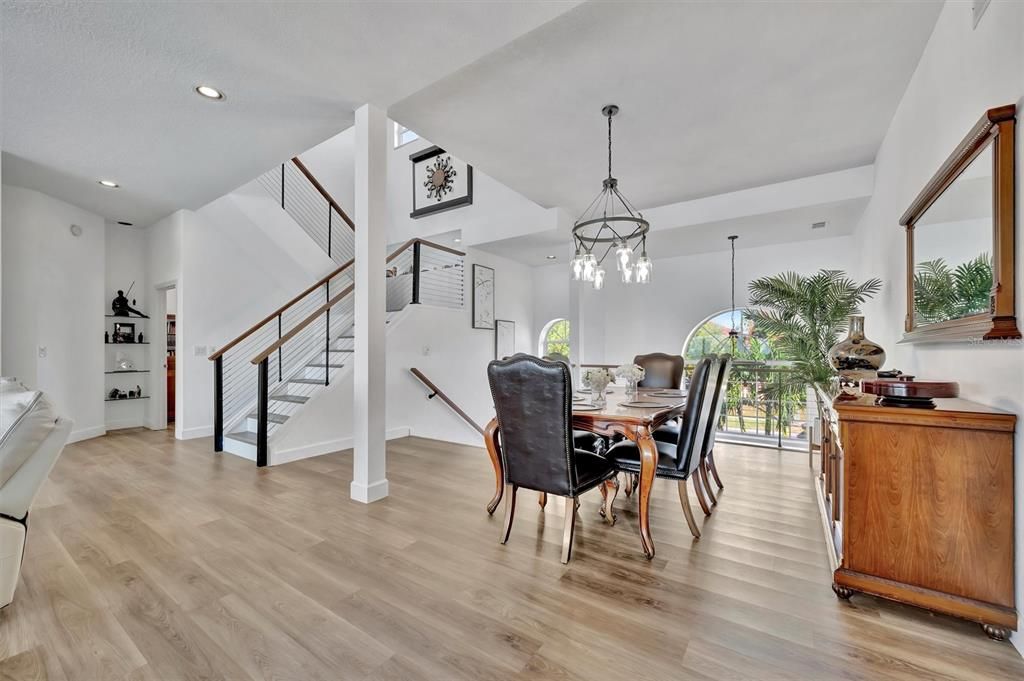 Dining room, Interior, Pendant Lights, Recessed Lighting, Wood Texture Flooring