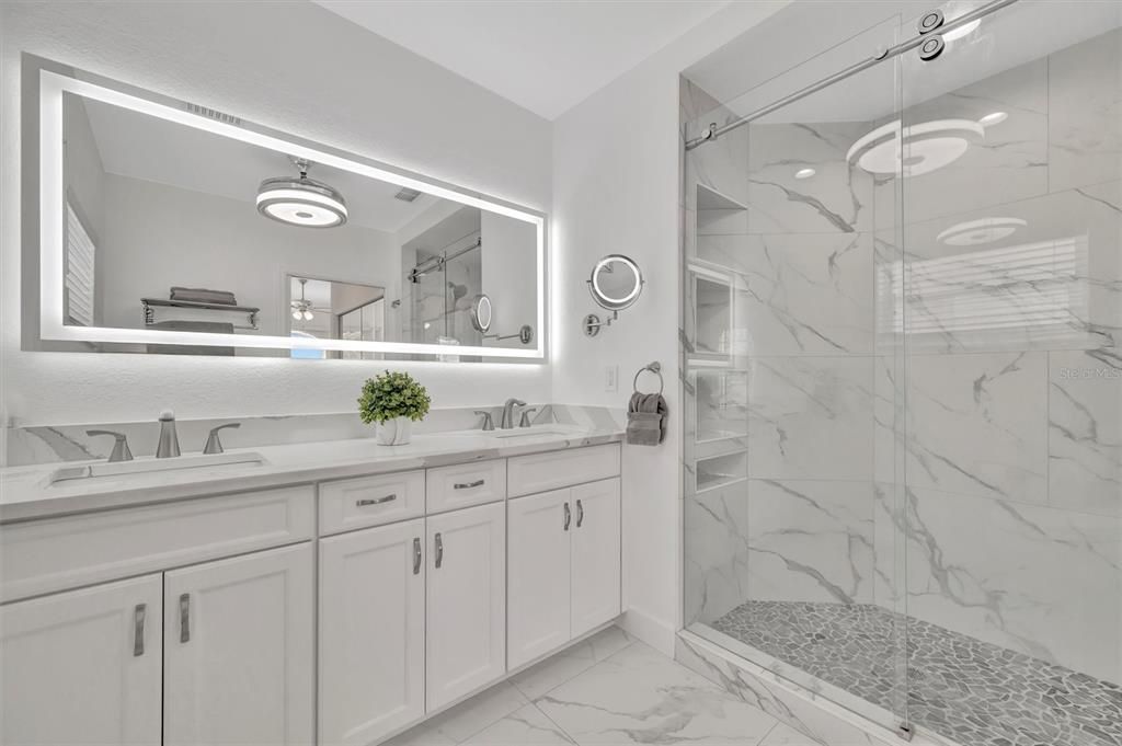 Bathroom, Dual Sink Vanities, Glass Shower, Interior, Marble, Marble Walls