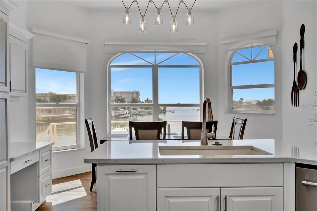 Dining room, Interior, Pendant Lights, Water, Wood Texture Flooring