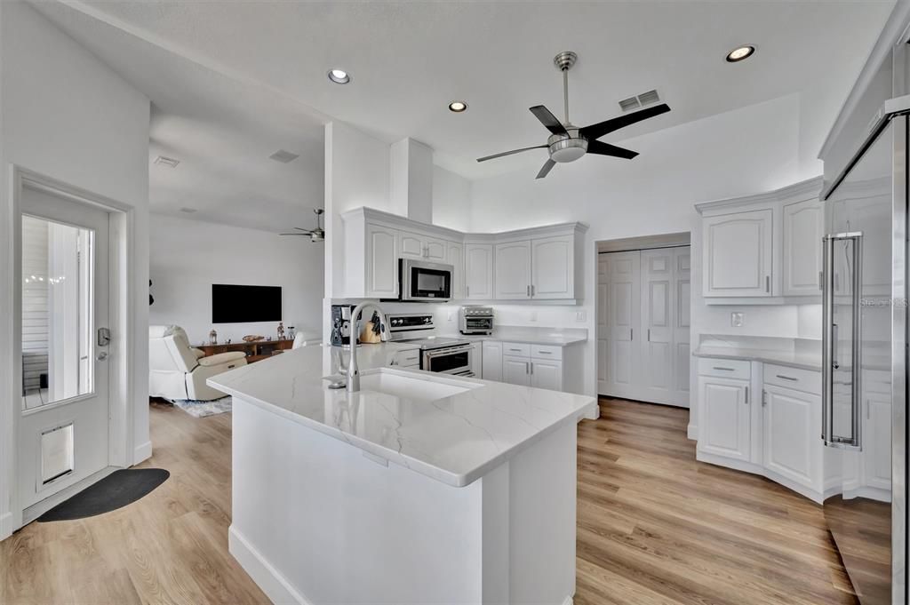 Interior, Kitchen, Living room, Recessed Lighting, Stainless Steel Appliances, Wood Texture Flooring